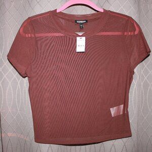 NWT Express Brown Sheer Mesh Crew Neck Short Sleeve Tee